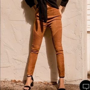 Watch Me Work Camel Brown Faux Suede Moto Leggings